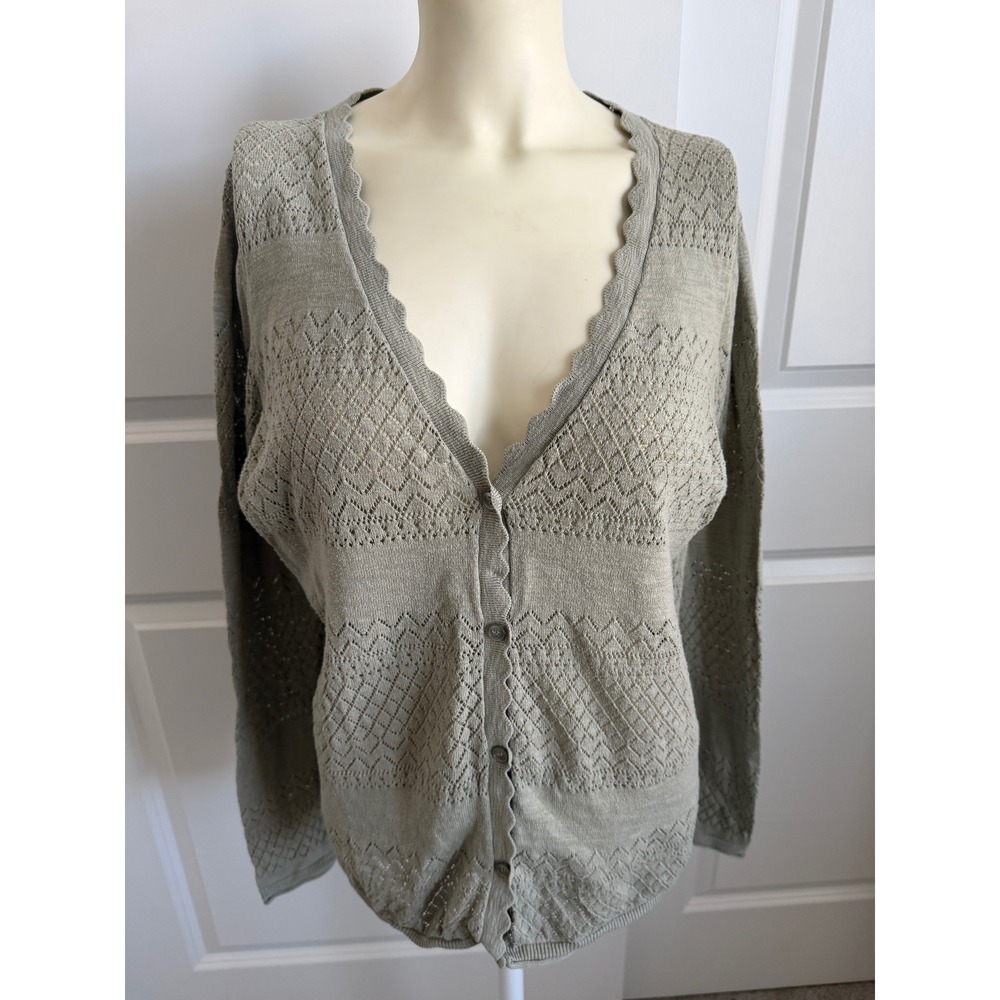Frye Womens Sage Green Pointelle Knit Scalloped V-Neck Cardigan Sweater Large